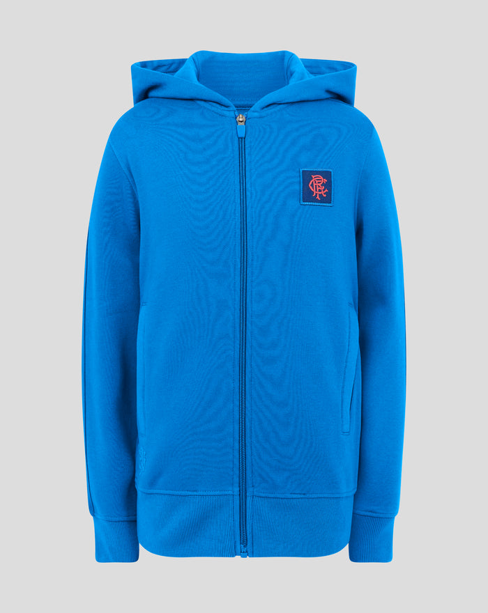 Front view of blue Junior Classic Full Zip Hoodie with hood up and chest logo patch