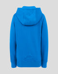 Front view of blue Junior Classic Full Zip Hoodie showing the logo patch on the chest and full zip