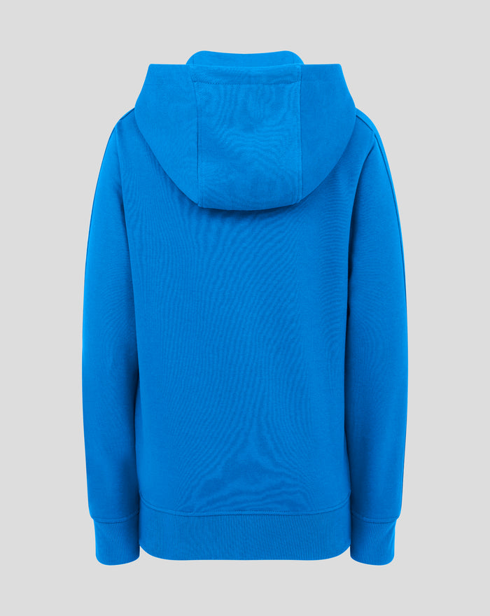 Front view of blue Junior Classic Full Zip Hoodie showing the logo patch on the chest and full zip