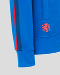 Blue junior classic full zip hoodie close up showing red side stripe and lion emblem on the chest