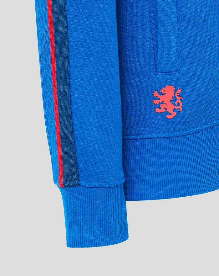 Blue junior classic full zip hoodie close up showing red side stripe and lion emblem on the chest