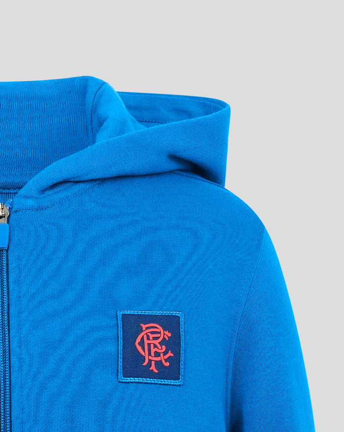 Back view of blue Junior Classic Full Zip Hoodie with hood visible from behind