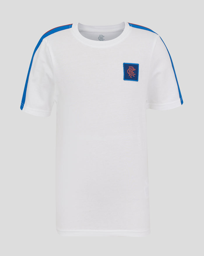 White Rangers T-shirt with blue shoulder stripes and a small crest patch on the chest.