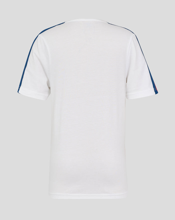 Back view of a white Junior Classic Cotton Rangers T-Shirt with blue shoulder piping