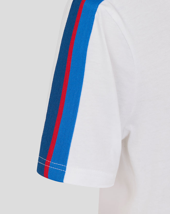 Close up of white Junior Classic Cotton Rangers T-Shirt shoulder with blue and red stripes