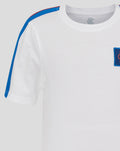 Neckline close-up of white Rangers T shirt with blue shoulder stripe and embroidered chest patch.