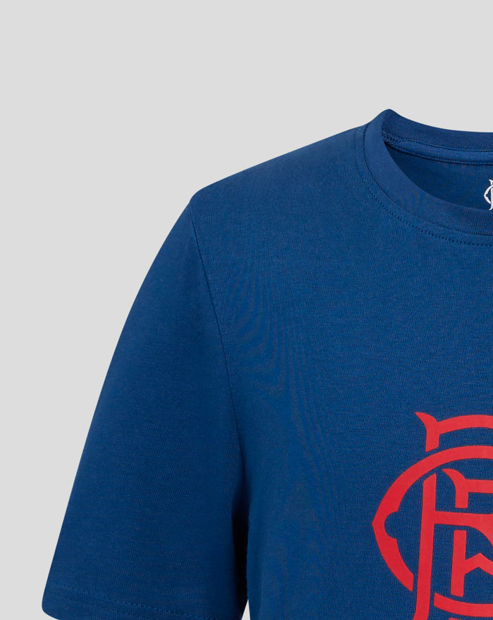 Close-up of navy T shirt neckline with a small white crest near the collar