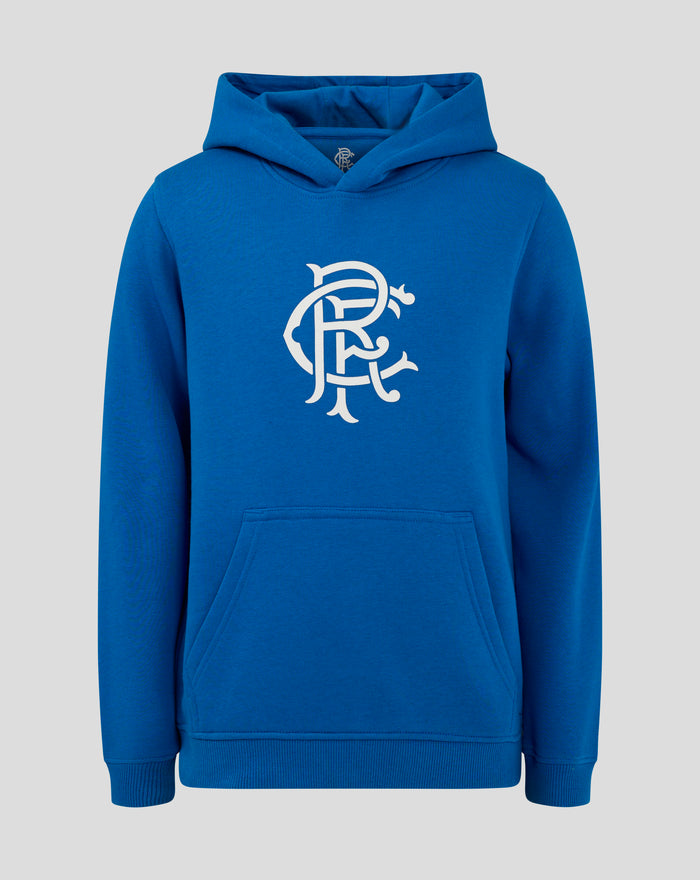 Blue Junior Core hoodie with a large white crest logo on the chest and a front pocket