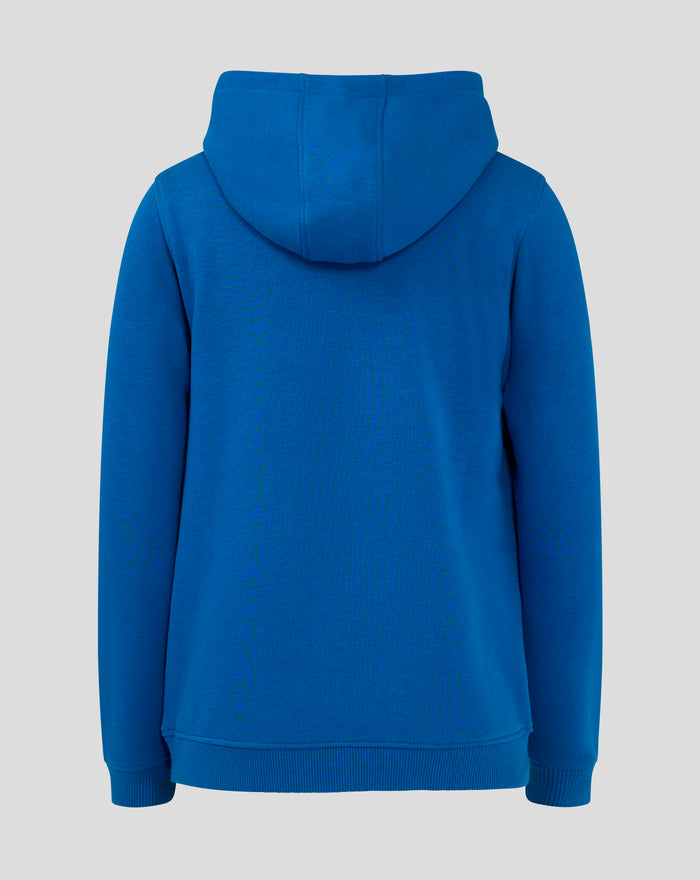 Back view of blue Junior Core Hoodie showing hood and ribbed hem
