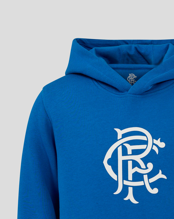 Blue hoodie with an oversized white logo across the chest area