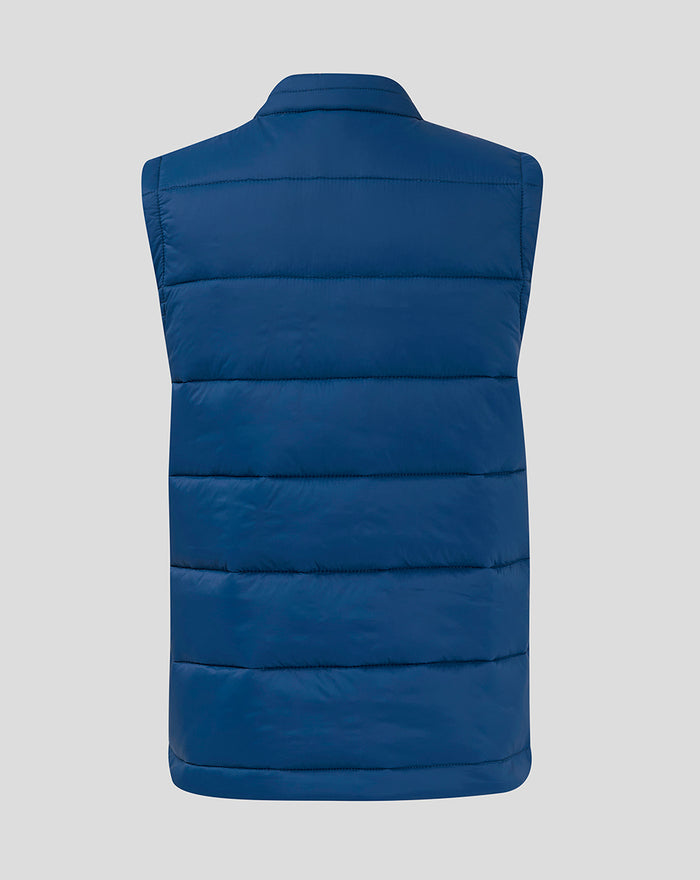 Back view of navy Junior Core Fan Gilet with horizontal quilted panels.