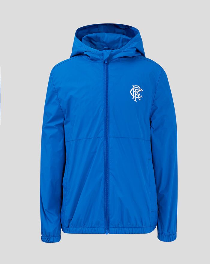 Front view of blue Rangers Junior Core Summer Jacket with hood and crest on the left chest.