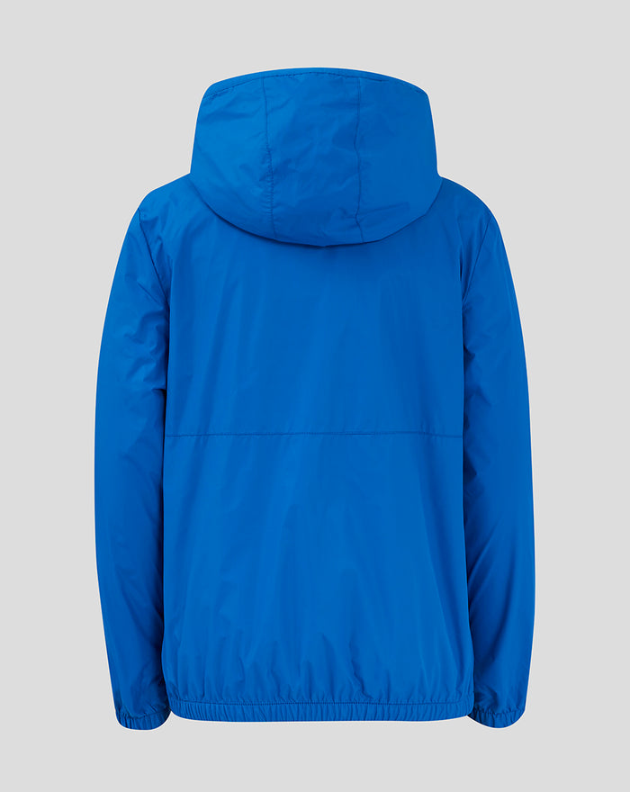 Back view of blue Junior Core Summer Rangers jacket with hood.