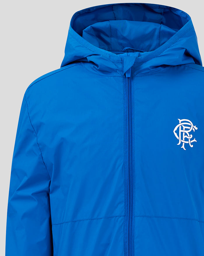 Front view of blue Junior Core Summer Rangers jacket showing hood zipper and left chest crest.