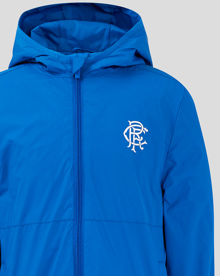 Close-up of blue Rangers jacket front highlighting left chest crest.