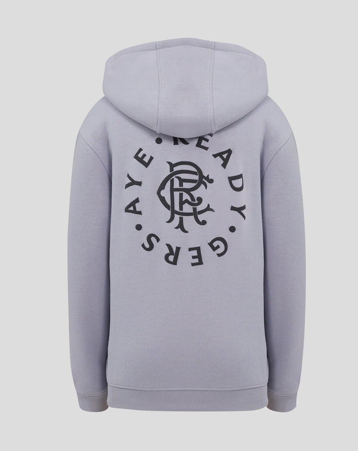 Back view of light blue hoodie with a large crest emblem on the upper back under the hood