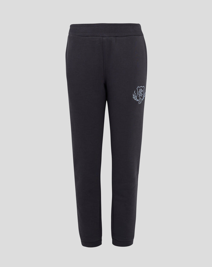 Front view of dark brown Junior Contemporary Jogger with a ribbed waistband and light blue crest on the thigh