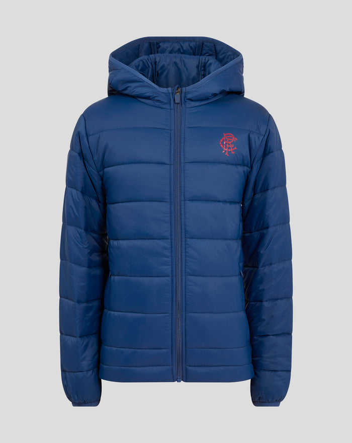Navy junior core fan puffer jacket with hood and red embroidered logo on the chest