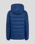Back view of navy core fan puffer jacket with hood and horizontal quilting