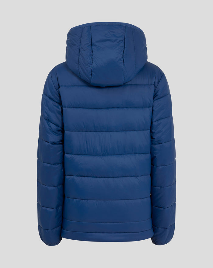 Back view of navy core fan puffer jacket with hood and horizontal quilting