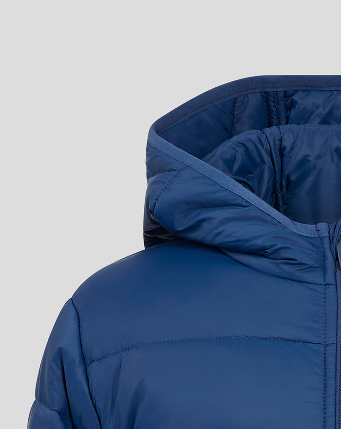 Navy JUNIOR 24/25 CORE FAN PUFFER JACKET hooded close up showing the hood and quilted panels at the shoulder.