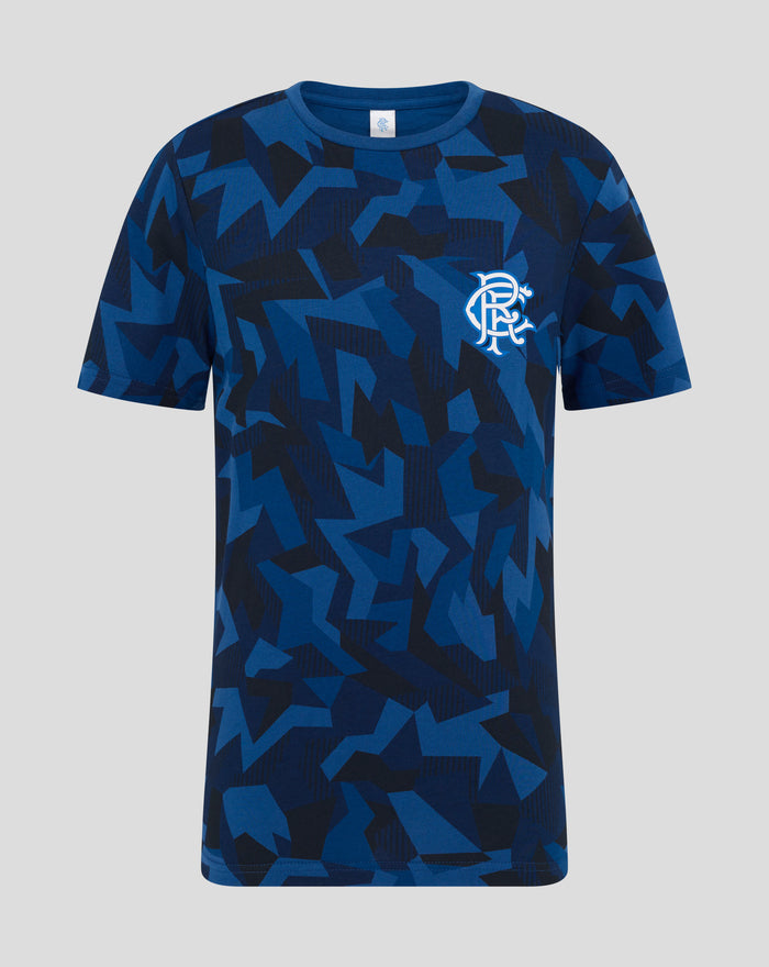 Front view of blue geometric camo Rangers pajama top with crest on chest