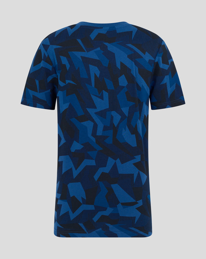 Back view of a blue geometric Rangers pyjama top with short sleeves and crew neck
