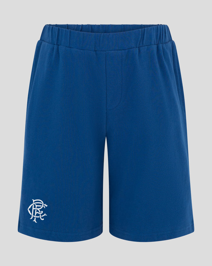 Back view of blue pajama shorts with elastic waistband