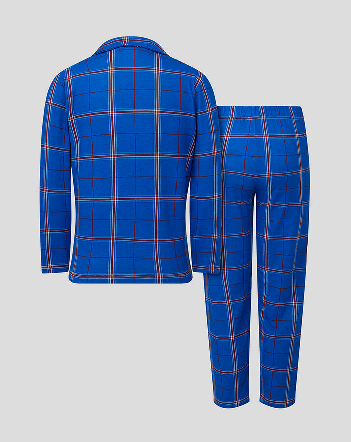 Back view of blue plaid Rangers pyjama set for women with matching pants.