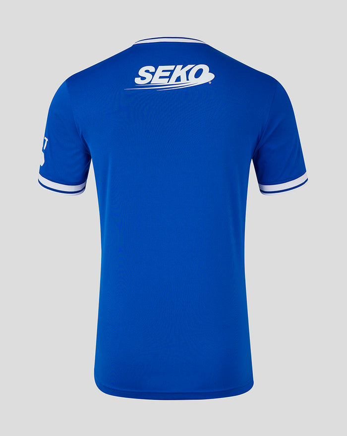 Back view of blue Ibrox 125 heritage shirt with SEKO logo across the upper back