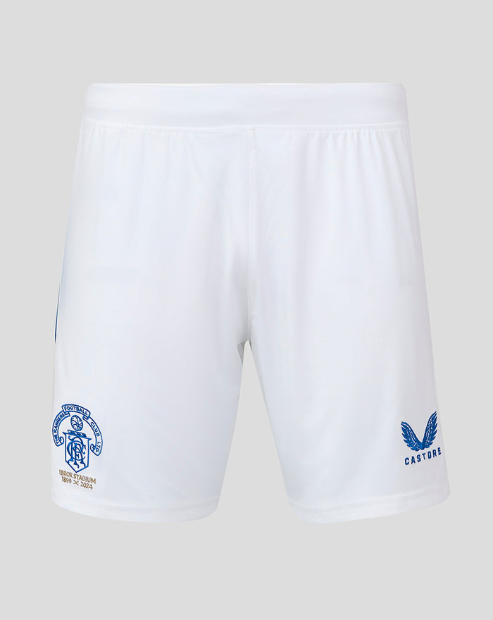 White Rangers shorts with blue crest on left leg and Castore logo on right leg.