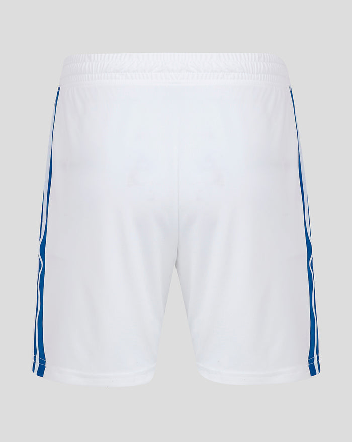 Back view of white Ibrox 125 heritage shorts with blue side stripes.