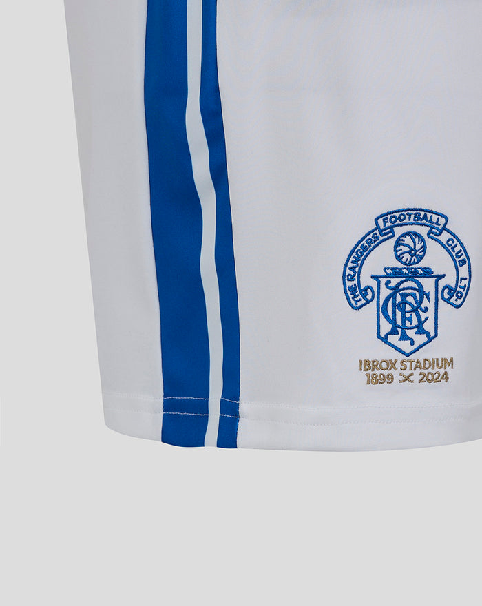 White Ibrox 125 heritage shorts with blue side panels and embroidered Rangers crest.