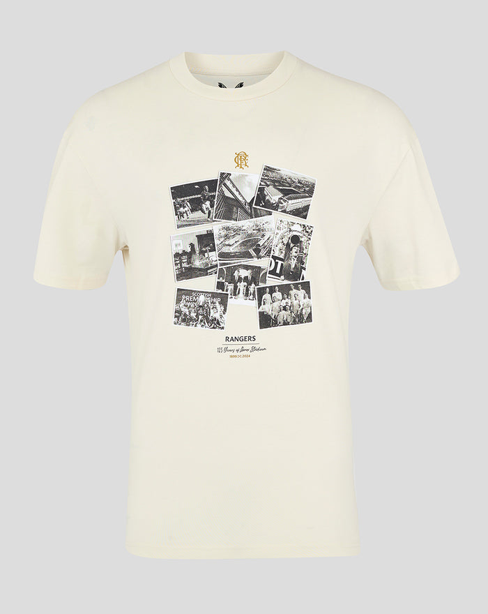 Beige Rangers 125 heritage T shirt with collage front graphic and crest detail.