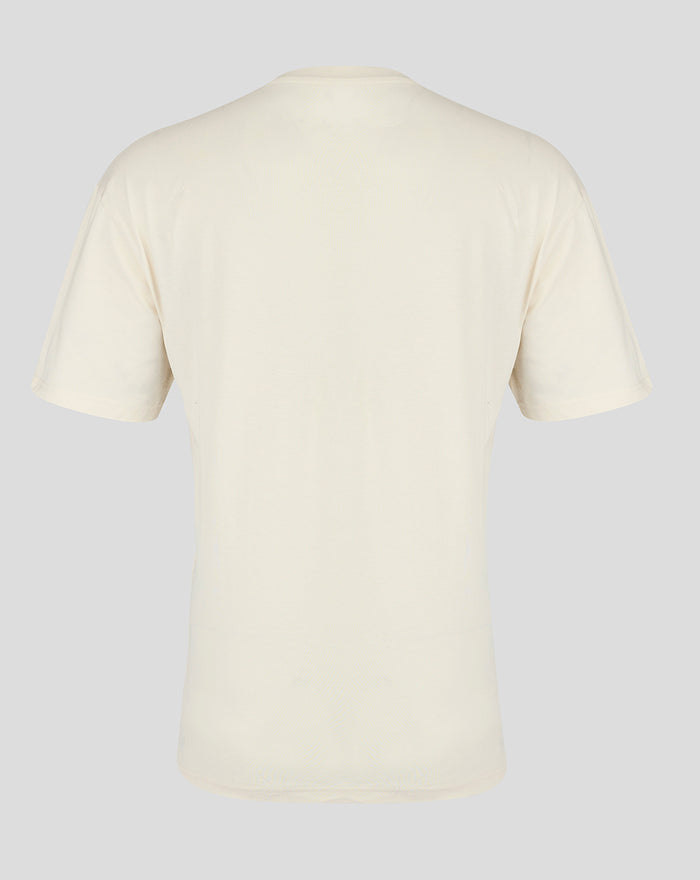 Back view of beige Mens Ibrox 125 Heritage T Shirt showing plain fabric and no front print