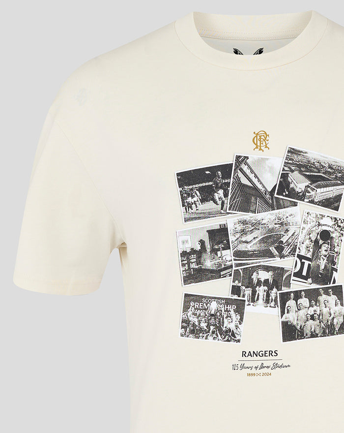 Beige Mens Ibrox 125 Heritage T Shirt front with collage of black and white photos and a gold Rangers crest