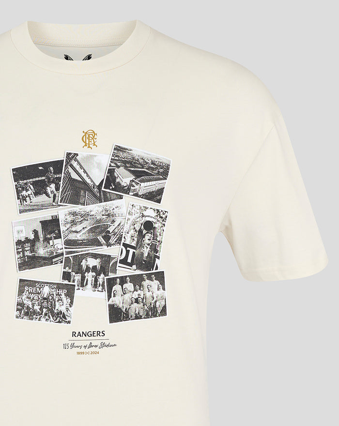 Beige Mens Ibrox 125 Heritage T Shirt front with collage photo print and small gold crest near chest