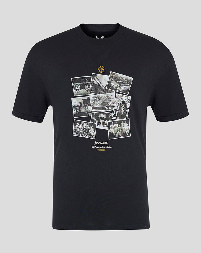 Black Rangers FC short sleeve T shirt featuring a collage of historic photos on the chest with a gold crest above