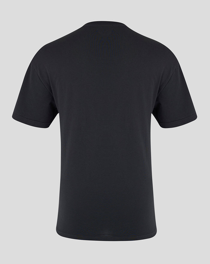 Back view of black Ibrox 125 Heritage T Shirt with ribbed crew neck.