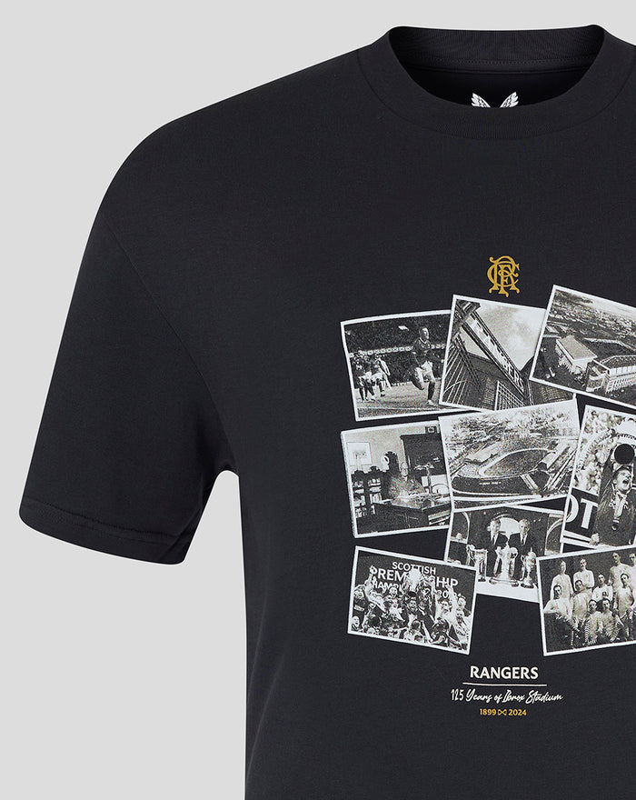 Black Rangers FC T shirt front with a collage of vintage photos centered on the chest