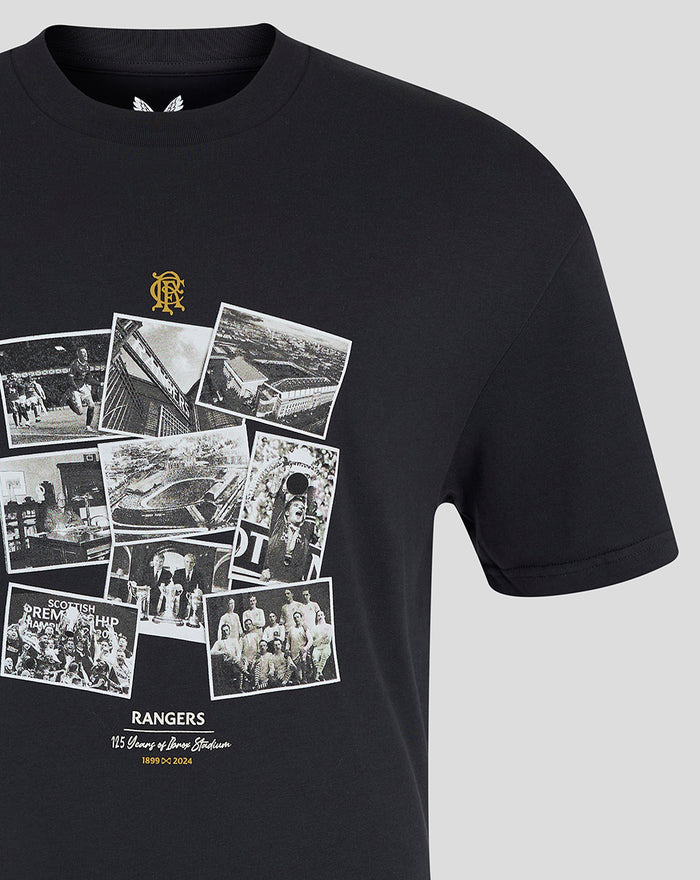 Close up of the black Rangers FC T shirt showing the photo collage graphic on the chest and a small crest above