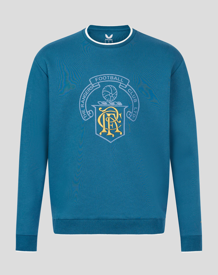 Front view of blue Rangers heritage sweatshirt with a large chest crest and gold 125 Years embroidery.