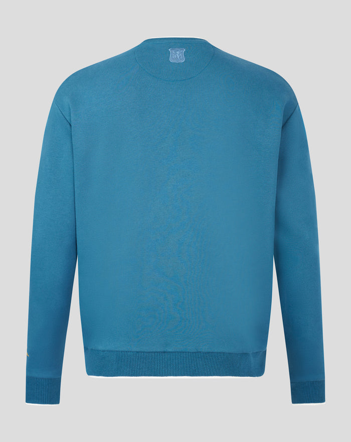 Back view of blue Rangers Ibrox 125 heritage sweatshirt with crest at the back neck