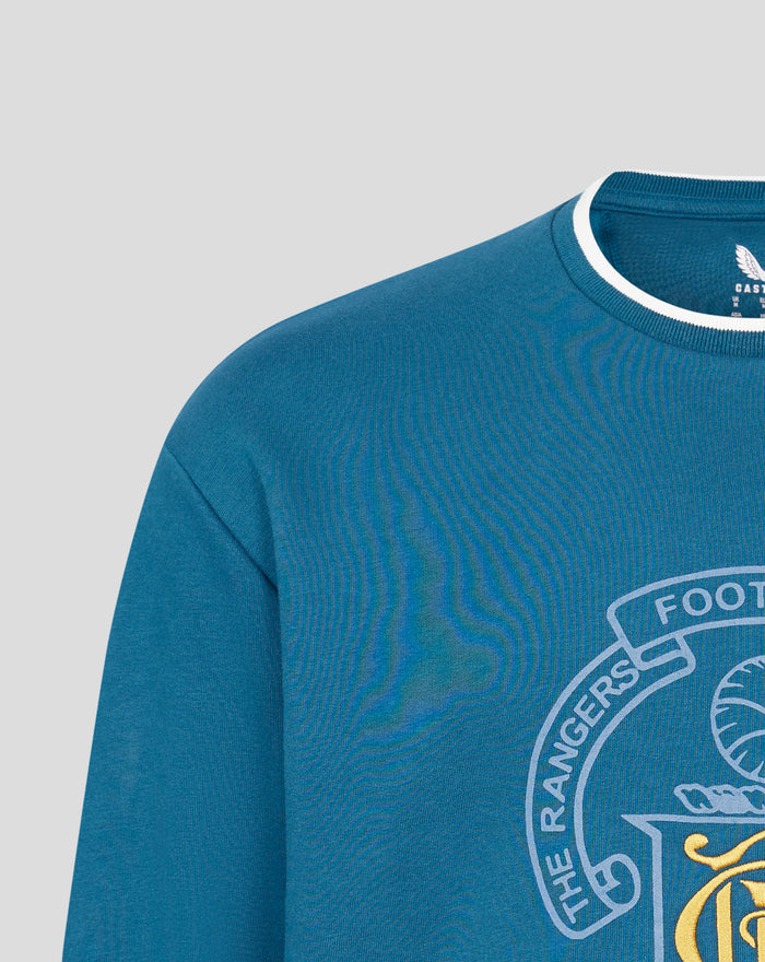 Shoulder and neck close-up of blue sweatshirt with white collar trim and partial Rangers crest on the chest.