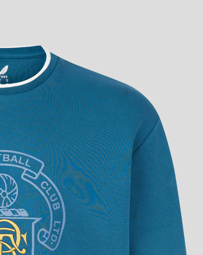 Blue men's Ibrox 125 heritage sweatshirt close up showing ribbed collar and chest Rangers crest