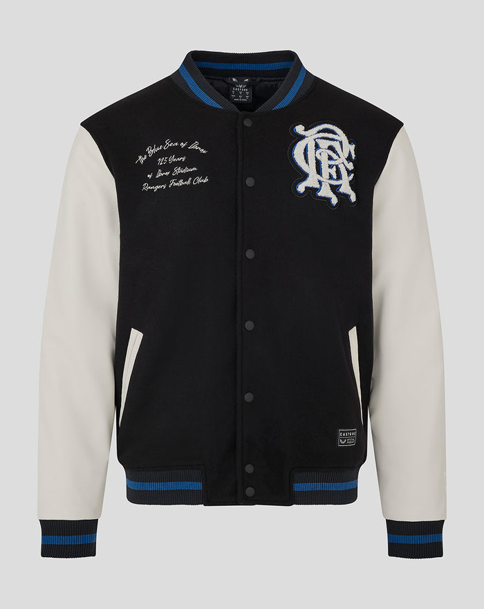 Front view of a black and ivory varsity jacket with blue striped collar and cuffs, crest on left chest and front pockets