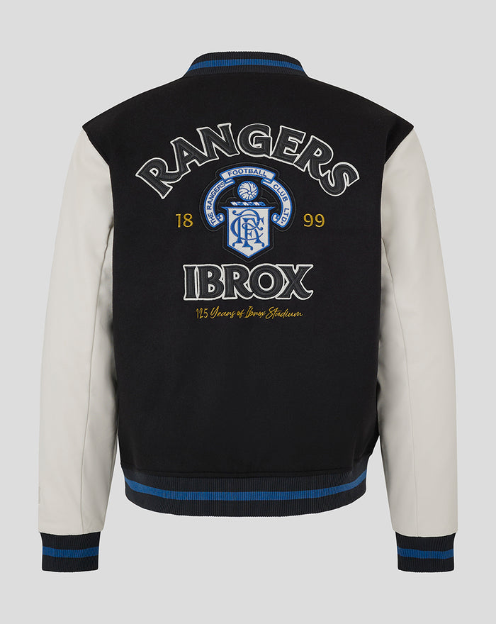 Back view of black varsity jacket with bold Rangers crest and Ibrox embroidery across the back