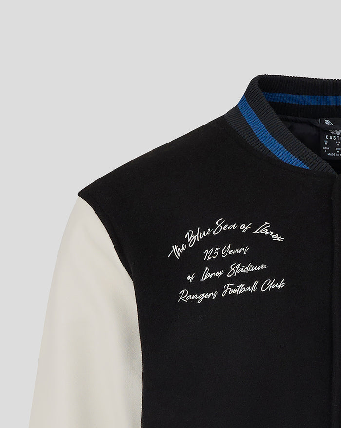 Back view of the black varsity jacket with white embroidered anniversary text across the back