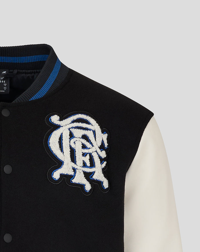 Left chest embroidered Rangers FC crest patch in white and blue on a black varsity jacket