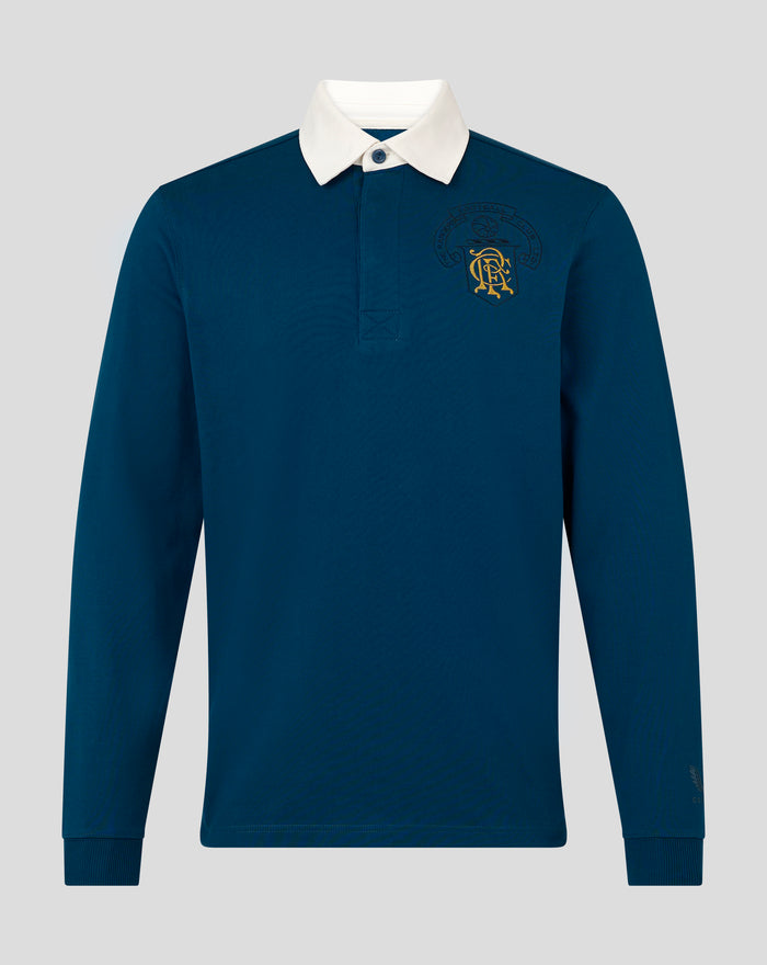 Blue Rangers heritage polo with white collar long sleeves and embroidered crest on left chest and back neck
